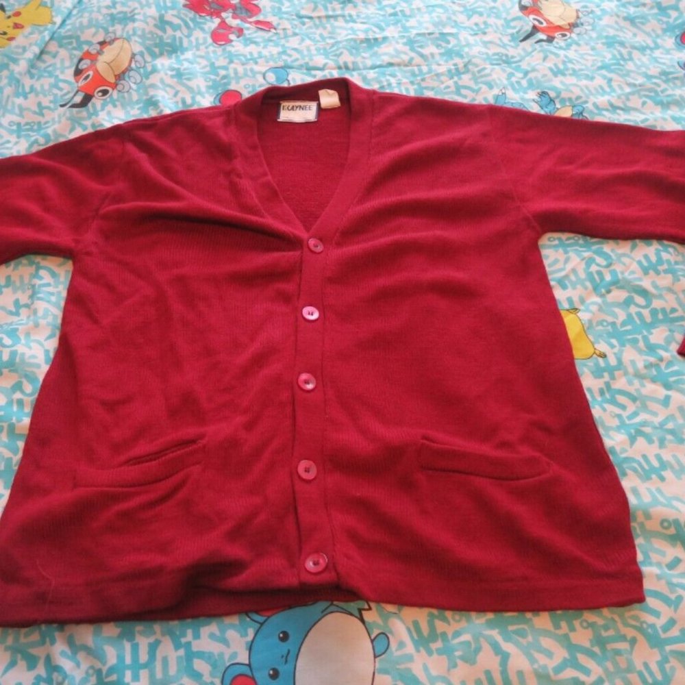 VTG 80s Kaynee Low Pill Acrylic Cardigan Sweater Button Cherry Red Adult Large